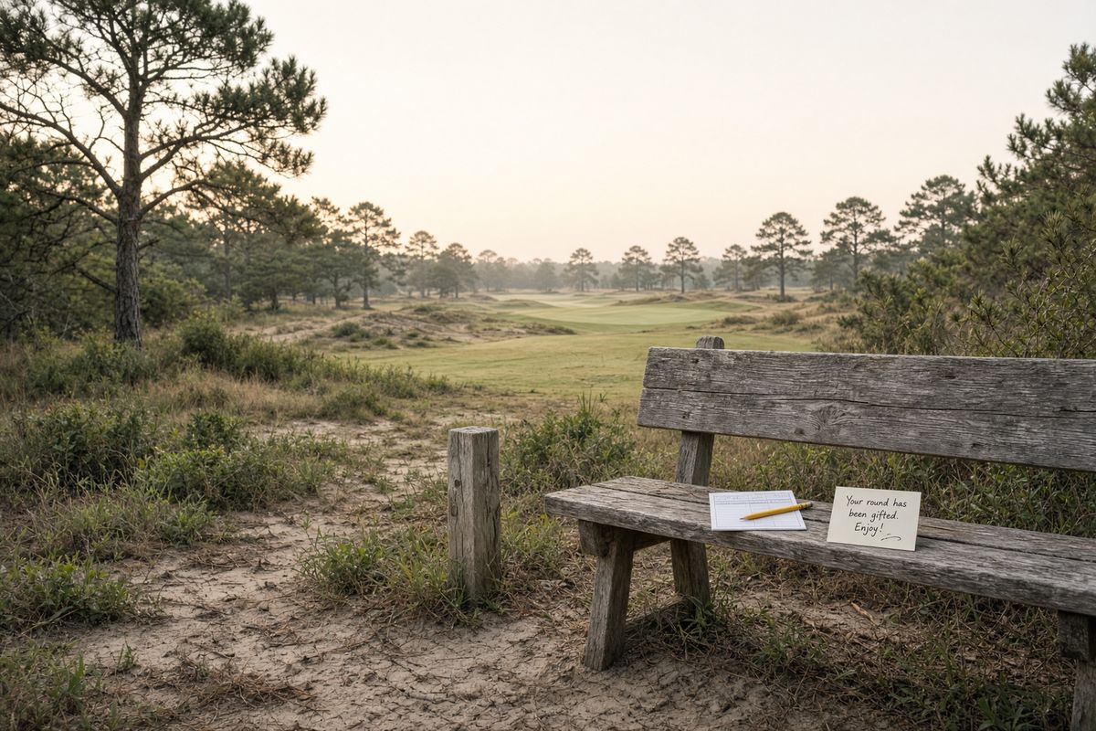 A weathered bench on a sandy Cape Cod golf course with a gift note