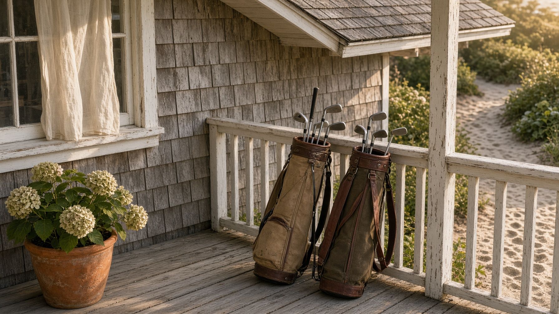 Two worn golf bags leaning on a shingled Cape Cod porch rail beside hydrangeas