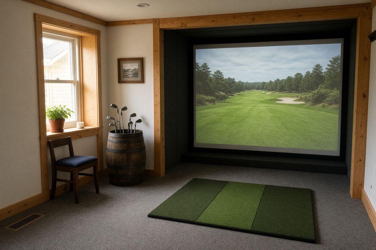 A cozy golf simulator bay with a fairway on screen and clubs in a barrel
